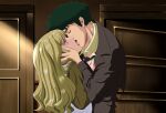  absurdres blonde_hair blue_eyes closed_eyes couple cowboy_bebop curly_hair french_kiss green_hair highres imminent_kiss julia_(cowboy_bebop) kiss non-web_source spike_spiegel 