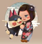  1boy 1girl :3 animal_crossing animal_ears animal_feet barefoot black_eyes black_flower black_fur black_jacket black_kimono blue_eyes blush body_fur bottomless brown_footwear brown_hair cat_boy cat_ears cat_tail colored_sclera commentary_request egasumi eye_contact facial_mark floral_print flower forehead fuji_sono full_body furry furry_male furry_with_non-furry hair_flower hair_ornament half-closed_eyes happy hetero highres interspecies jacket japanese_clothes kimono long_sleeves looking_at_another obi one_eye_closed open_mouth pawpads punchy_(animal_crossing) sandals sash short_hair sidelocks smile socks standing tabi tail two-tone_fur villager_(animal_crossing) whisker_markings white_flower white_fur white_socks wide_sleeves yellow_sclera 