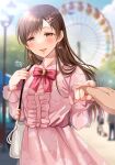  1boy 1girl 2others amusement_park blurry blurry_background blush brown_hair center_frills depth_of_field dress earrings ferris_wheel floral_print frilled_sleeves frills gen_(enji) glint hair_ornament hairpin highres holding_hands idolmaster idolmaster_cinderella_girls jewelry long_hair looking_at_viewer multiple_others neck_ribbon nitta_minami outdoors pink_dress pink_ribbon pov pov_hands ribbon smile strapless twitter_username very_long_hair 