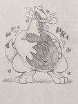  &lt;3 2023 3_toes absurd_res ambiguous_gender anthro avian belly_grab blush blush_lines deep_navel digitigrade feet generation_2_pokemon graphite_(artwork) greyscale gyorai_sarapao hi_res japanese_text legendary_pokemon lugia monochrome navel nintendo overweight overweight_ambiguous pencil_(artwork) pokemon pokemon_(species) semi-anthro shadow sharp_teeth simple_background solo sound_effects standing steam tail teeth text toes tongue tongue_out traditional_media_(artwork) white_background 