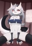  anthro black_body blush bottomless breasts canid canid_demon canine clothed clothing demon female genitals hellhound helluva_boss hi_res legwear looking_at_viewer loona_(helluva_boss) mammal omeki open_mouth pussy red_eyes solo tail white_body 