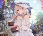  1girl bare_shoulders bare_tree basket blonde_hair blue_sky blush bow breasts bush day detached_collar detached_sleeves dress flower frilled_dress frilled_sleeves frills hair_between_eyes hat hat_bow highres holding ikeuchi_tanuma lens_flare long_hair looking_at_viewer open_clothes original outdoors plant potted_plant puffy_sleeves red_eyes sky small_breasts solo standing sun_hat sunlight tino_(ikeuchi_tanuma) tree white_dress white_headwear 