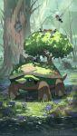  bird commentary day fletchling flower flying forest grass highres kouseki_(ujyh7732) light_rays looking_up nature no_humans outdoors pachirisu pokemon pokemon_(creature) purple_flower torterra tree twitter_username water watermark 