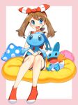  1girl :d absurdres bare_arms bike_shorts black_shorts blue_eyes blush border bow bow_hairband brown_hair hair_bow hairband highres long_hair manaphy may_(pokemon) mudkip open_mouth pink_border pokemon pokemon_(creature) pokemon_(game) pokemon_oras red_hairband red_shirt red_socks shiny_hair shirt short_shorts shorts shorts_under_shorts sitting sleeveless sleeveless_shirt smile socks solo striped striped_bow twintails white_background white_shorts yuihico 