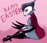 anthro avian bedding bird blanket bottomless bow_ribbon clothed clothing demon easter easter_egg egg goetia helluva_boss hi_res holidays inhabitedartist male owl partially_clothed ribbons shirt shirt_only slim solo solo_focus stolas_(helluva_boss) topwear topwear_only
