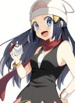  1girl :d black_hair black_shirt blue_eyes bracelet breasts dawn_(pokemon) hat highres holding holding_poke_ball jewelry long_hair looking_at_viewer open_mouth poke_ball pokemon pokemon_(game) pokemon_dppt print_headwear red_scarf scarf shiny_hair shirt simple_background sleeveless sleeveless_shirt small_breasts smile solo upper_body white_background white_headwear yuihico 
