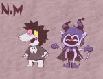  black_cape black_hair black_suit cape clown_nose colored_skin crazy crazy_eyes deltarune demon_tail fangs formal gloves hat jester_cap jevil nyamimi open_mouth pointy_ears puppet purple_skin smile solid_eyes spamton_g._spamton suit tail undertale white_skin 