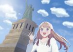  1girl :d blue_sky breasts brown_hair cloud commentary_request day fujishima_megumi fujishima_megumi_(summer_casual) link!_like!_love_live! long_hair long_sleeves looking_at_viewer love_live! medium_breasts new_york_city outdoors pochieese purple_eyes real_world_location shirt sky smile solo statue statue_of_liberty two_side_up upper_body v-neck virtual_youtuber white_shirt 
