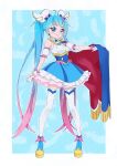 1girl 8041mm ahoge blue_eyes blue_hair cape commentary_request cure_sky detached_sleeves earrings full_body gloves hirogaru_sky!_precure jewelry long_hair magical_girl precure single_sidelock smile solo sora_harewataru standing thighhighs twintails two-sided_cape two-sided_fabric undercut very_long_hair white_gloves wing_hair_ornament 