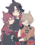  3boys animal_ears black_hair blonde_hair cat_boy cat_ears dankira!!! green_eyes highres long_hair looking_at_viewer male_focus miki_nozomu mole mole_under_eye multicolored_hair multiple_boys one_eye_closed red_hair short_hair sneezecoon theater_bell_(dankira!!!) tsubaki_seito white_background yagami_soma yellow_eyes 