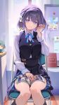  1girl black_socks blue_overskirt blue_ribbon blue_skirt blue_vest blush book book_on_lap breasts chibigurumi commentary feet_out_of_frame fujita_kotone gakuen_idolmaster hanami_saki hataya_misuzu hatsuboshi_gakuen_school_uniform highres idolmaster indoors kainown kneehighs knees_together_feet_apart light_smile long_sleeves looking_at_viewer medium_breasts mole mole_under_mouth neck_ribbon on_chair pleated_skirt purple_hair ribbon school_uniform shirt short_hair sitting skirt skirt_set smile socks solo tsukimura_temari tucking_hair vest white_shirt whiteboard 