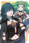  2girls :d armor asao_(vc) bangs blue_dress blue_eyes blue_hair blunt_bangs breasts byleth_(female)_(fire_emblem) byleth_(fire_emblem) cape closed_mouth detached_collar dress fire_emblem fire_emblem:_three_houses green_eyes green_hair grey_cape hair_between_eyes hand_on_hip highres large_breasts long_hair midriff multiple_girls navel open_mouth pointy_ears shiny_hair shoulder_armor smile sothis_(fire_emblem) stomach 