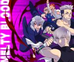  1girl 4boys ahoge akariya_kuubu arms_up baton_(weapon) black_shirt blonde_hair blood cheering collared_shirt expressionless fingernails green_eyes happy holding holding_weapon inui_arihiko japanese_clothes kimono looking_at_viewer melty_blood multiple_boys nanako_(melty_blood) nanaya_kiri needle red_eyes sharp_fingernails shirt short_hair sleeveless sleeveless_shirt smile tohno_shiki_(2) tsukihime weapon white_hair white_shirt 