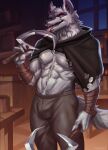  2023 abs ansart anthro bottomwear canid canine canis clothing coat death_(puss_in_boots) digital_media_(artwork) dreamworks fur grey_body grey_fur male mammal muscular muscular_male pants puss_in_boots_(film) puss_in_boots_the_last_wish red_eyes sickle solo tavern tongue topwear wolf 
