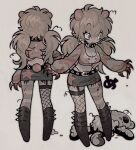  animal_ears asymmetrical_legwear bear_ears belt black_choker blood blood_on_clothes breasts choker claws cleavage cropped_sweater denim denim_skirt highres large_breasts messy_hair original skirt spiked_boots stuffed_animal stuffed_toy stuffing teddy_bear tonkatsu184 twintails 