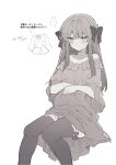  ... 1girl anna_(ikeuchi_tanuma) blush bow closed_mouth dot_nose dress earrings fur-trimmed_thighhighs greyscale hair_bow ikeuchi_tanuma invisible_chair jewelry long_hair looking_at_viewer monochrome original pregnant simple_background sitting solo spoken_ellipsis thighhighs translation_request white_background 