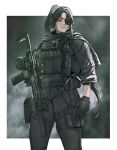  1girl assault_rifle black_gloves black_hair black_pants bulletproof_vest commentary commission ear_protection english_commentary eyepatch gloves gun handgun holding holding_gun holding_weapon holstered inset_border long_hair maxturbo69 original pants parted_lips ponytail rifle scar scar_on_cheek scar_on_face sig_mcx sig_sauer simple_background solo suppressor tactical_clothes trigger_discipline weapon yellow_eyes 