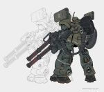  ammunition_belt arm_shield armor artist_name battle_damage cable commentary cyclops dent drum_magazine english_commentary facing_away gatling_gun glowing glowing_eye glowing_eyes glowing_hot green_armor gun gundam highres holding holding_gun holding_weapon huge_weapon lineart looking_back magazine_(weapon) mecha mecha_focus military minigun missile_pod mobile_suit no_humans nomansnodead one-eyed outline pauldrons red_eyes robot science_fiction shield shoulder_armor shoulder_cannon simple_background soot standing steam thrusters tube vent_(object) vernier_thrusters weapon white_background white_lines white_outline zaku_ii zaku_ii_s zeon zoom_layer 