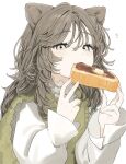  1girl animal_ears bread bread_slice brown_eyes brown_hair cat_ears eating eyelashes fingernails food green_sweater_vest highres long_hair long_sleeves looking_at_viewer notice_lines ogura_toast_(food) original solo sweater_vest takaya_riku upper_body white_background wispy_bangs 