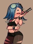  2023 blue_hair breasts cephalopod clothed clothing female fiinel hair hi_res humanoid marine midriff mollusk navel nintendo octarian octoling pseudo_hair red_eyes shiver_(splatoon) simple_background smile solo splatoon tentacle_hair tentacles 