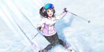  1girl absurdres asaka_karin bangs black_hair blue_eyes blunt_bangs blush from_above full_body fur-trimmed_hood fur_trim gloves goggles goggles_on_head hat highres holding_ski_pole hood hood_down jacket long_hair love_live! love_live!_nijigasaki_high_school_idol_club love_live!_school_idol_festival_all_stars official_art open_mouth outdoors pom_pom_(clothes) ski_gear ski_goggles ski_pole skiing skis snow solo sparkle winter 