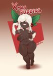  2020 4_toes 5_fingers belly big_breasts breasts cheek_poke christmas clothing dark_body dark_skin dessert dessert_goblin digital_media_(artwork) feet female fingers food food_creature food_humanoid freckles genitals gloves gloves_(marking) goblin goo_hair gradient_background hair hair_over_eyes hand_on_hip handwear hi_res holidays holly_(plant) huffslove humanoid icing looking_at_viewer markings navel nipples nude open_mouth open_smile plant pseudo_clothing pseudo_gloves pseudo_hair pudding pussy sagging_breasts short_stack simple_background slightly_chubby slightly_chubby_female smile solo standing thick_thighs toes white_hair wide_hips 