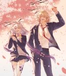  1boy 1girl absurdres alternate_costume belt black_belt black_jacket black_pants black_skirt blonde_hair bow braid castorice_(honkai:_star_rail) cherry_blossoms commentary diploma earrings english_commentary facial_tattoo falling_petals flower_wreath gold_earrings gradient_hair grey_vest hair_between_eyes hand_in_pocket hand_up highres holding holding_diploma honkai:_star_rail honkai_(series) jacket jewelry long_hair looking_at_viewer loose_necktie low-tied_long_hair medium_hair miniskirt multicolored_hair mydei_(honkai:_star_rail) necktie open_clothes open_jacket open_mouth pants papercider petals purple_eyes purple_hair red_hair red_necktie red_tattoo school_uniform shirt side_braid skirt tattoo tears thighhighs vest white_shirt white_thighhighs yellow_bow yellow_eyes 