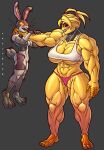 angry anthro big_breasts big_muscles breasts clenched_teeth clothing female five_nights_at_freddy&#039;s five_nights_at_freddy&#039;s:_security_breach five_nights_at_freddy&#039;s_2 full-length_portrait glowing glowing_eyes hi_res huge_muscles lagomorph leporid lifted_by_neck mammal muscular muscular_anthro muscular_female panties pink_clothing pink_panties pink_underwear portrait rabbit scottgames semilart sharp_teeth simple_background standing steel_wool_studios stitch_(sewing) struggling teeth toy_chica_(fnaf) underwear vanny_(fnaf) yellow_body