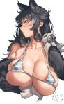  1girl absurdres alternate_breast_size animal_ears areola_slip arm_under_breasts bangs bare_shoulders bikini black_hair breast_hold breasts cleavage collarbone commentary_request covered_nipples cropped_torso gloves grey_hair grey_wolf_(kemono_friends) halterneck hand_in_own_hair hand_up highres huge_breasts iparupua jacket kemono_friends lips long_hair long_sleeves looking_at_viewer multicolored_hair off_shoulder open_clothes open_jacket parted_lips sideways_glance simple_background skindentation solo striped striped_bikini sweat swimsuit two-tone_hair unaligned_breasts underboob white_background white_gloves wolf_ears 