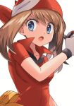  1girl bandana blue_eyes breasts brown_hair gloves highres holding holding_poke_ball jacket long_hair looking_at_viewer may_(pokemon) open_mouth poke_ball pokemon pokemon_(game) pokemon_rse red_bandana red_jacket shiny_hair short_sleeves simple_background small_breasts solo twintails upper_body v-shaped_eyebrows white_background white_gloves yuihico 