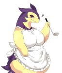  anthro apron apron_only areola areola_slip big_breasts biped blush breasts clothing female hi_res hisuian_form hisuian_typhlosion holding_object huge_breasts mostly_nude musical_note nintendo nipples nyotapakpak pokemon pokemon_(species) red_eyes regional_form_(pokemon) simple_background smile solo white_background yellow_body 