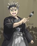  1boy ahoge asta_(black_clover) black_bull_(emblem) black_clover black_headband black_kimono green_eyes grey_hair grey_hakama hakama haori headband highres holding holding_paintbrush japanese_clothes kimono looking_at_viewer male_focus open_mouth paintbrush prayudi555 signature smile solo spiked_hair 