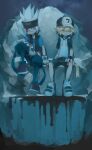  2boys aotu_world baseball_cap black_gloves bleeding_from_forehead blonde_hair blood blood_from_mouth blood_on_face blue_eyes closed_eyes fingerless_gloves gloves grey_(aotu_world) hat highres hood hoodie injury king_(aotu_world) multiple_boys pointy_ears rohi_(luzi) shoes short_sleeves sneakers spiked_hair tie_clip vest white_gloves white_hair 
