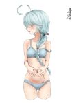  1girl ahoge ass_visible_through_thighs bra braid breasts cropped_legs grey_bra grey_hair grey_panties hair_over_eyes hamanami_(kancolle) heart heart_hands heart_hands_over_stomach highres kantai_collection lilshigu long_hair looking_to_the_side navel one-hour_drawing_challenge panties simple_background single_braid small_breasts solo strap_slip thigh_gap training_bra twitter_username underwear white_background 