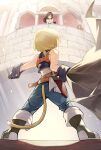  2boys 2girls absurdres adelbert_steiner armor bare_shoulders beatrix_(ff9) black_hair blonde_hair blue_pants boots brown_eyes brown_hair closed_mouth commentary_request dress elbow_gloves eyepatch final_fantasy final_fantasy_ix floating_hair from_behind garnet_til_alexandros_xvii gloves green_boots highres knight lion_tail long_hair looking_at_another looking_down multiple_boys multiple_girls one_eye_covered pants ponytail risumi_(taka-fallcherryblossom) short_hair short_ponytail smile sword tail weapon white_dress white_gloves zidane_tribal 