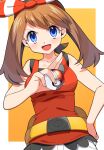  1girl :d bare_arms blue_eyes blush border bow bow_hairband breasts brown_hair hair_bow hairband hand_on_hip highres holding holding_poke_ball long_hair looking_at_viewer may_(pokemon) open_mouth poke_ball pokemon pokemon_(game) pokemon_oras red_hairband red_shirt shiny_hair shirt sleeveless sleeveless_shirt small_breasts smile solo striped striped_bow twintails upper_body v-shaped_eyebrows white_border yellow_background yuihico 