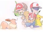  &gt;_&lt; 1boy 1girl aqua_shorts baseball_cap black_hair black_shirt blue_shorts bright_pupils brown_eyes brown_hair bug caterpie caterpillar chase_(pokemon) cheek_press closed_mouth eevee elaine_(pokemon) hands_on_own_thighs hat holding holding_pokemon long_hair mizutani_megumi on_shoulder pikachu pokemon pokemon_(creature) pokemon_(game) pokemon_lgpe pokemon_on_shoulder ponytail pushing red_headwear red_shirt shirt short_hair short_sleeves shorts simple_background sitting smile sweat tears trembling two-tone_headwear two-tone_shirt wariza weedle white_background white_headwear white_pupils white_shirt yawning 