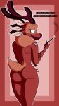  2022 absurd_res anthro antlers brown_body brown_fur butt cigarette_holder deer empty_eyes female fur gwen_(spiritfarer) hi_res horn looking_at_viewer looking_back looking_back_at_viewer mammal nude nude_anthro nude_female portrait smile smoking solo spiritfarer standing surrealatorium three-quarter_portrait thunder_lotus_games white_eyes 