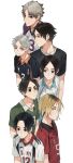  6+boys akaashi_keiji black_eyes black_hair black_shirt blonde_hair brown_eyes character_request commentary green_shirt grey_hair haikyuu!! highres kozume_kenma kunimi_akira male_focus matchi_(ginger.8) mole mole_under_eye multiple_boys red_shirt sakunami_kousuke semi_eita shirt short_hair simple_background sportswear sugawara_koushi white_background 