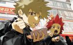  2boys bakugou_katsuki black_jacket blonde_hair boku_no_hero_academia chopsticks eating food food_in_mouth highres holding holding_chopsticks holding_food jacket kirishima_eijiro konekutozzzzz long_sleeves looking_at_viewer male_focus multiple_boys open_mouth outdoors red_eyes red_hair short_hair sleeves_past_wrists spiked_hair sushi teeth tongue 