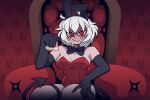  1girl breasts cleavage cup demon_girl demon_tail elbow_gloves enchantedhallow english_commentary gloves helltaker holding holding_cup looking_at_viewer malina_(helltaker) playboy_bunny red_eyes short_hair sitting tail wavy_mouth white_hair 