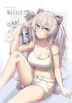  1girl alcohol animal_ears beer_can blue_eyes breasts can casual cleavage highres hololive large_breasts lion_ears lion_girl long_hair looking_at_viewer navel rixchii_yi shirt shishiro_botan short_shorts shorts solo ssrb_(shishiro_botan) thighs virtual_youtuber white_hair white_shirt white_shorts 