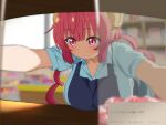  1girl ahonoko apron blue_apron blue_shirt breasts dragon_girl dragon_horns employee_uniform horns huge_breasts ilulu_(maidragon) indoors kobayashi-san_chi_no_maidragon long_hair red_eyes red_hair shirt short_sleeves solo translation_request twintails yellow_horns 