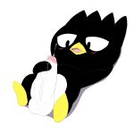 1:1 absurd_res avian badtz-maru balls blush bodily_fluids foreskin genital_fluids genitals hand_behind_head hello_kitty_(series) hi_res leaking_precum lying masturbation on_back open_mouth penis precum retracted_foreskin sanrio twerpishimp