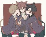  3boys animal_ears black_hair border cat_boy cat_ears cat_tail closed_eyes dankira!!! facing_another facing_viewer green_eyes highres long_hair looking_at_another looking_to_the_side male_focus miki_nozomu mole mole_under_eye multicolored_hair multiple_boys red_background red_hair short_hair sneezecoon tail tsubaki_seito white_border yagami_soma yellow_eyes 