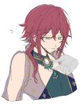  1boy 1other ? androgynous blush closed_mouth clothing_request confused dankira!!! disembodied_limb earrings green_eyes jewelry long_hair male_focus pov red_hair sneezecoon sweatdrop tsubaki_seito white_background 