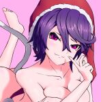  1girl ass bangs breasts closed_mouth doremy_sweet hair_between_eyes hat large_breasts looking_at_viewer nightcap nude pepelonthi pink_background pink_eyes purple_hair red_headwear short_hair simple_background smile solo tail touhou 