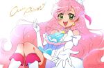  1girl ascot blue_bow boots bow character_name commentary cure_prism earrings elbow_gloves glove_bow gloves green_eyes highres hirogaru_sky!_precure jewelry kagami_chihiro long_hair magical_girl nijigaoka_mashiro open_mouth pink_hair precure smile solo very_long_hair white_bow 