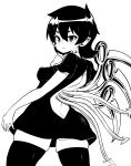  1girl :/ absurdres ass asymmetrical_wings back_cutout bangs bow bowtie breasts closed_mouth clothing_cutout covered_nipples cowboy_shot dress from_behind high_contrast highres himajin_noizu houjuu_nue looking_back medium_hair monochrome simple_background skindentation solo standing thighhighs touhou wings 