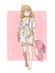  1girl ahoge blonde_hair closed_eyes closed_mouth clothes_writing commentary_request futaba_anzu holding holding_stuffed_toy idolmaster idolmaster_cinderella_girls inset_border long_hair low_twintails oversized_clothes oversized_shirt pink_background shirt short_sleeves shorts solo striped_clothes striped_shorts stuffed_animal stuffed_rabbit stuffed_toy stuffing t-shirt three_of_hearts twintails very_long_hair walking_towards_viewer white_background you_work_you_lose yuyohe 